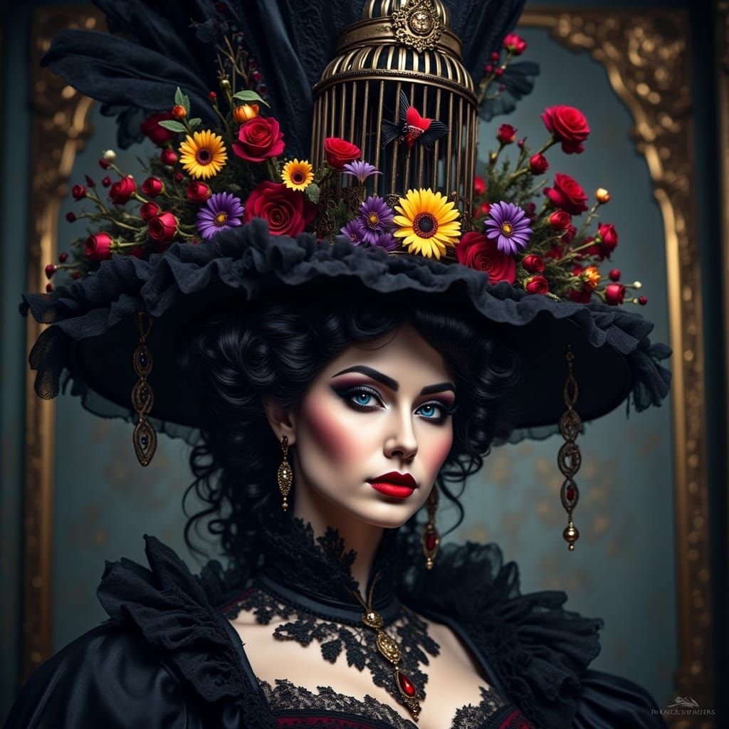 Victorian Woman in Elaborate Birdcage Hat