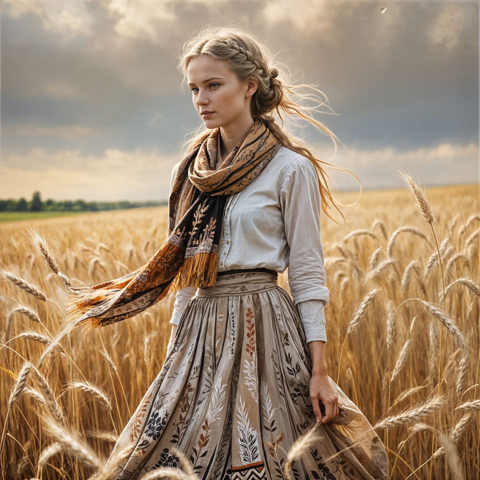 Latvian Woman in Traditional Dress in Wheat Field