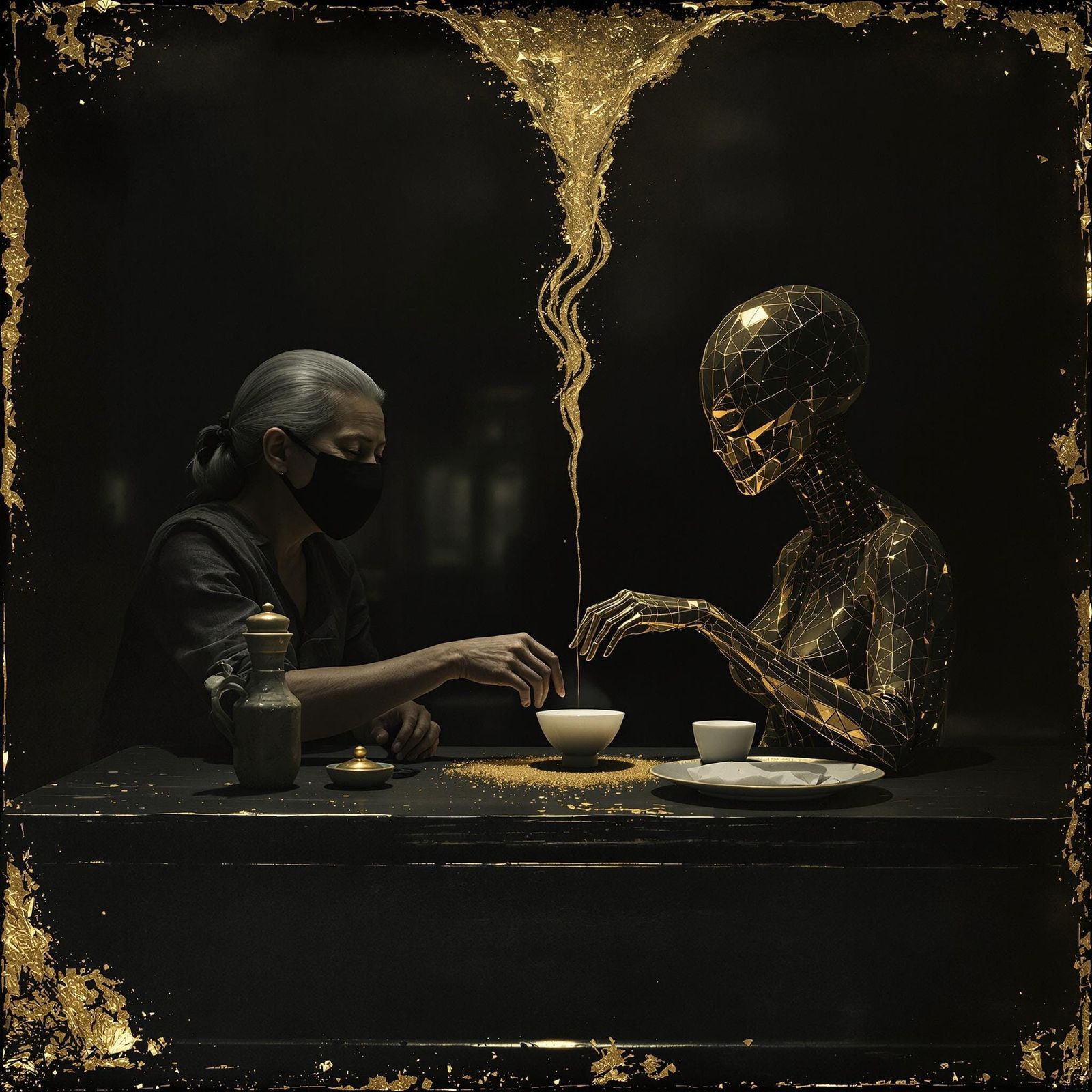 Tea Ceremony: Simulated Calotype with Gold Leaf