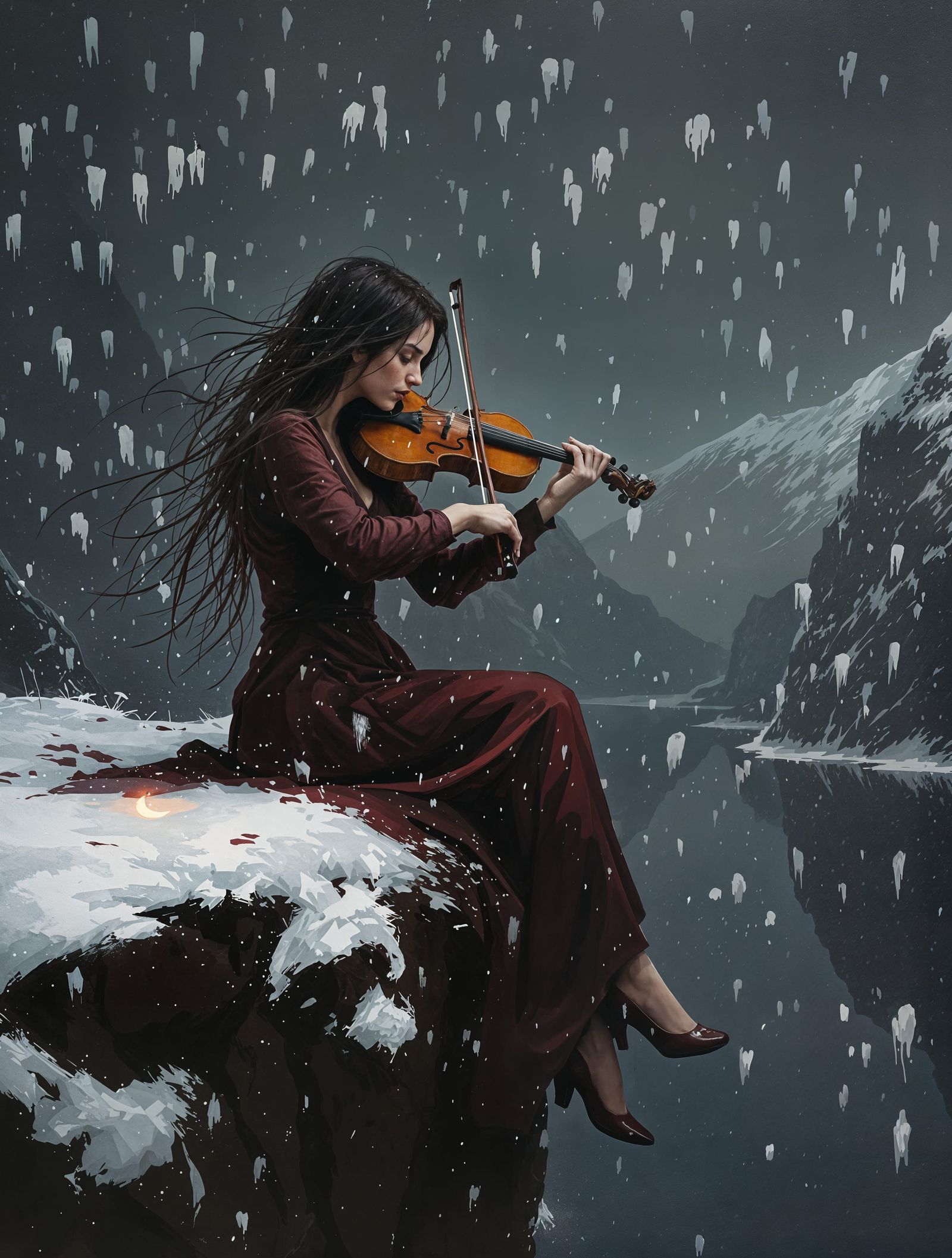 Romantic Norwegian Fantasy: Snowy Violinist on a Cliff