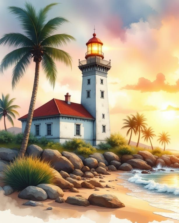 Baja Coast Lighthouse in Watercolor Style