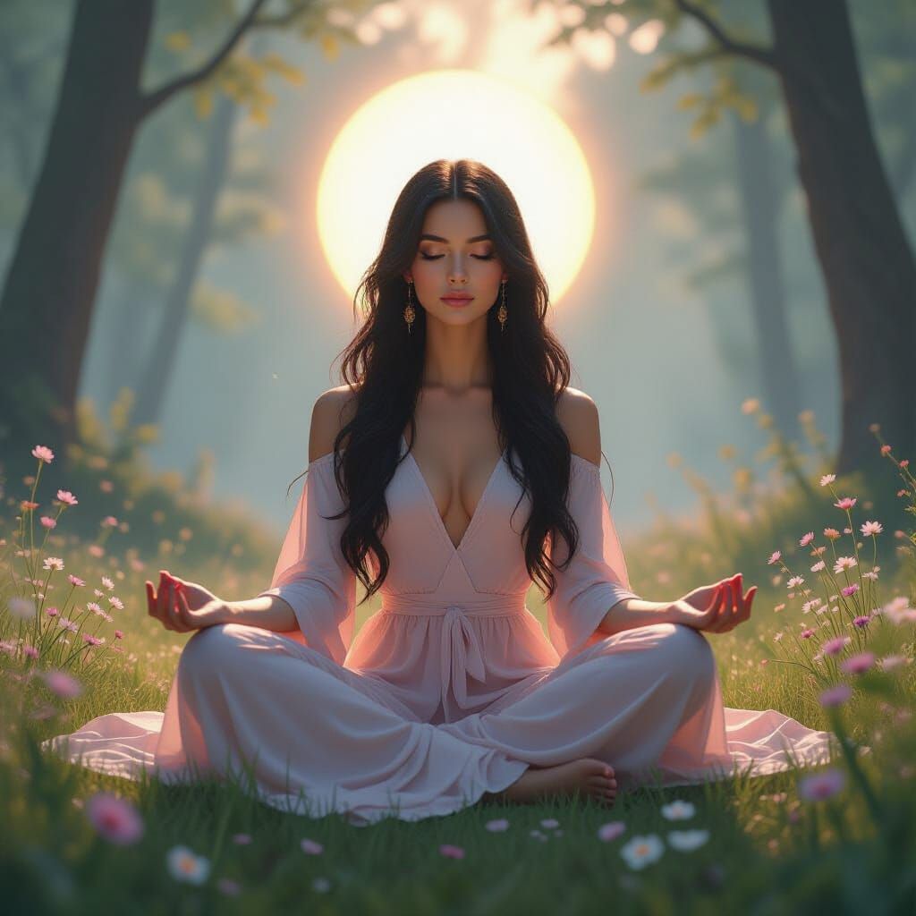 Meditating Woman in Forest Glade, Illustrative Style