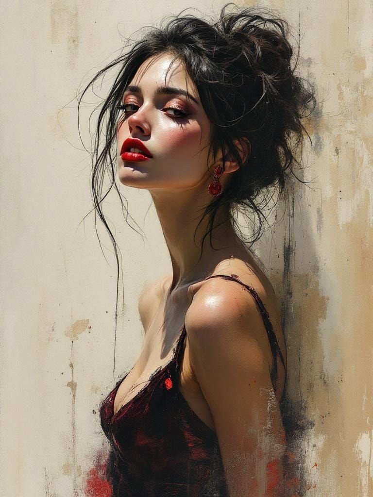 Glamorous Pin-Up in Style of Atmospheric Charcoal Portraitur...