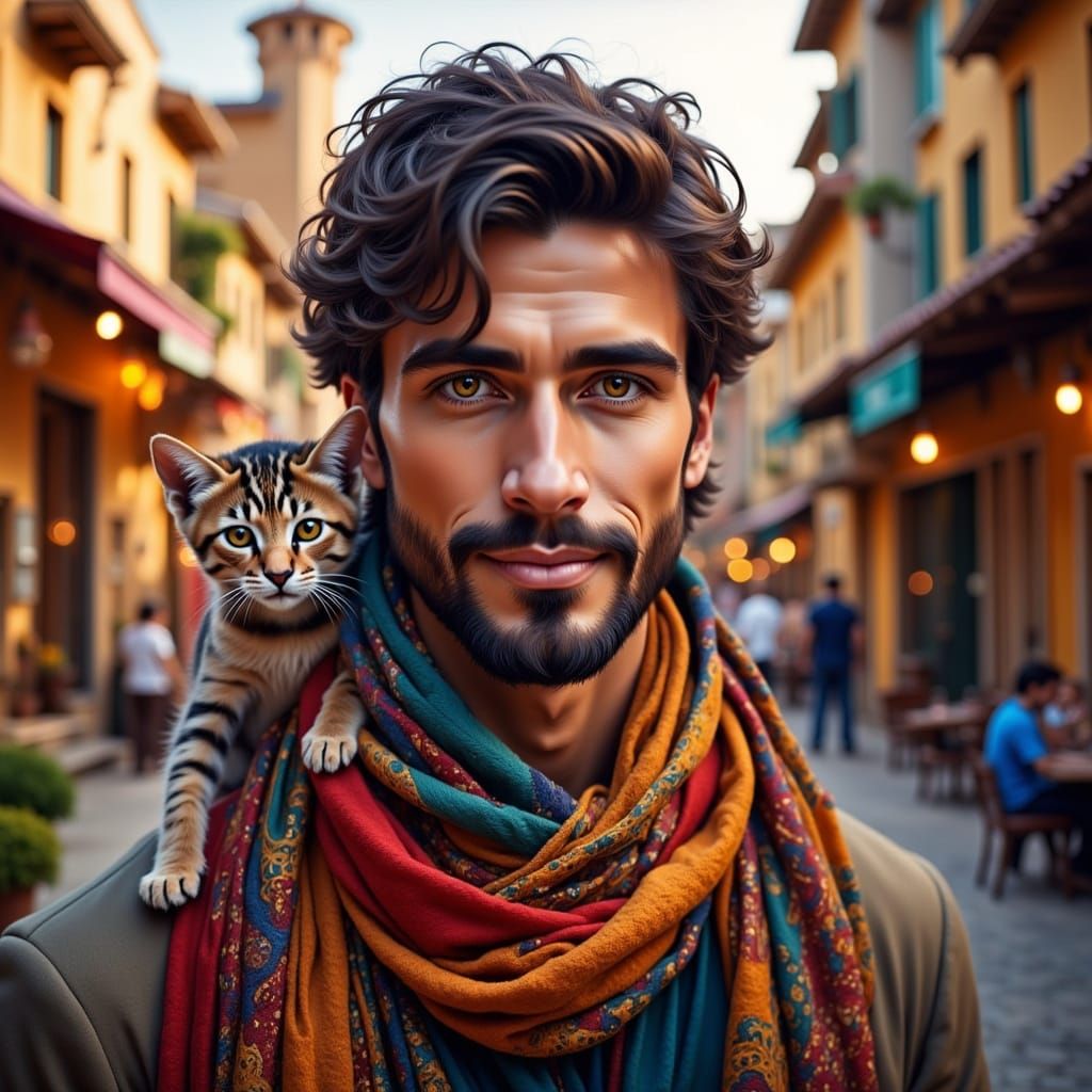 Handsome Spanish Man With Kitten in Cafe, Golden Hour