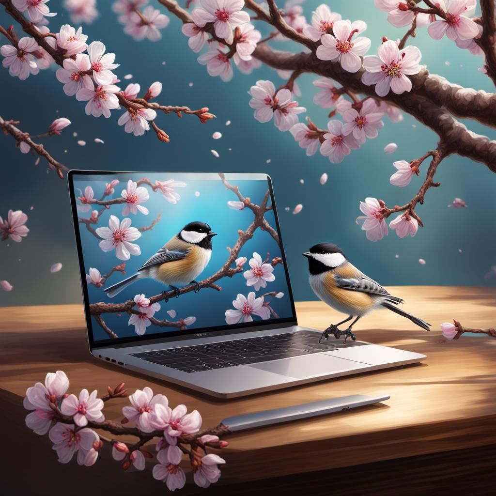 Chickadee on MacBook with Almond Blossoms