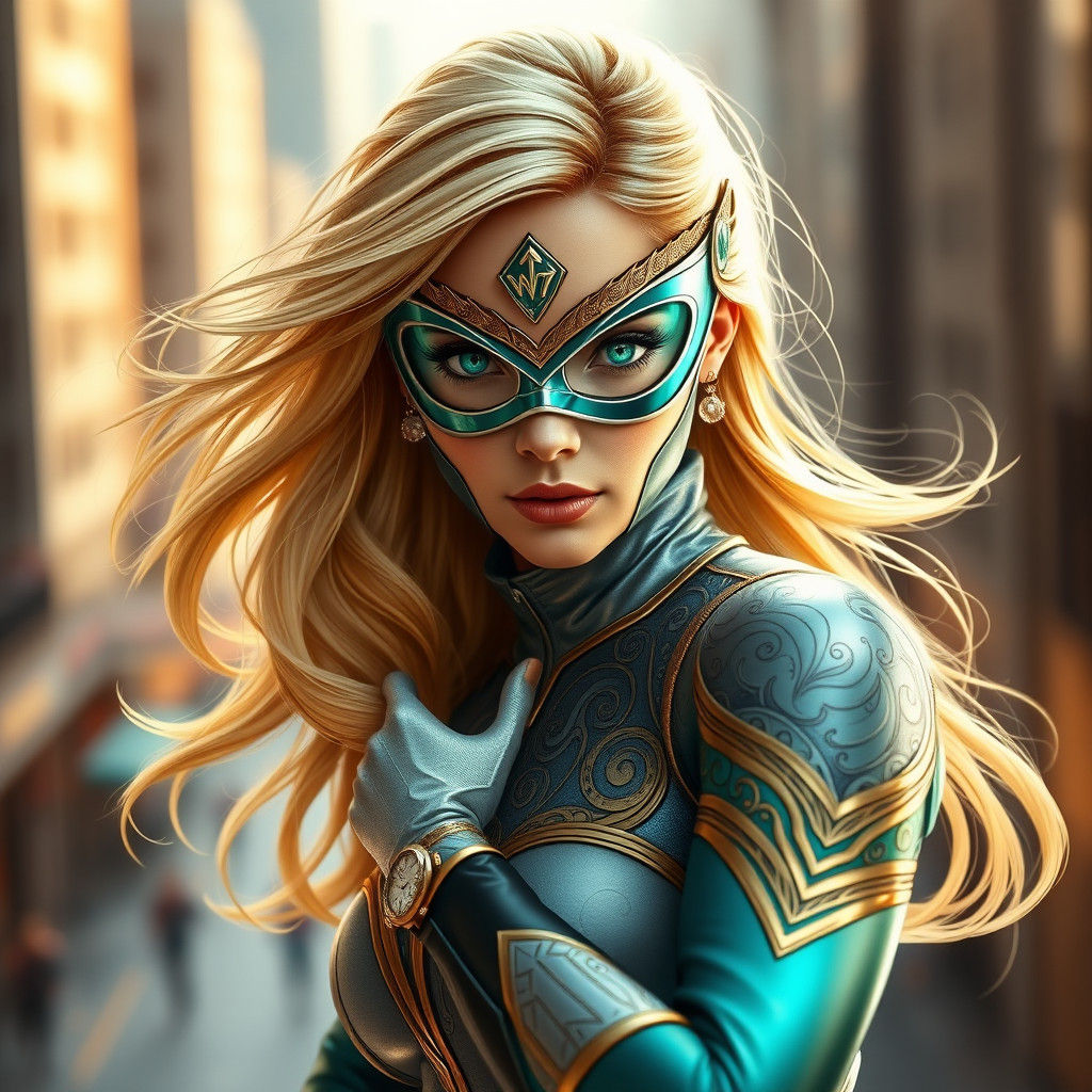 Regal Superheroine in Silver-Blue Costume