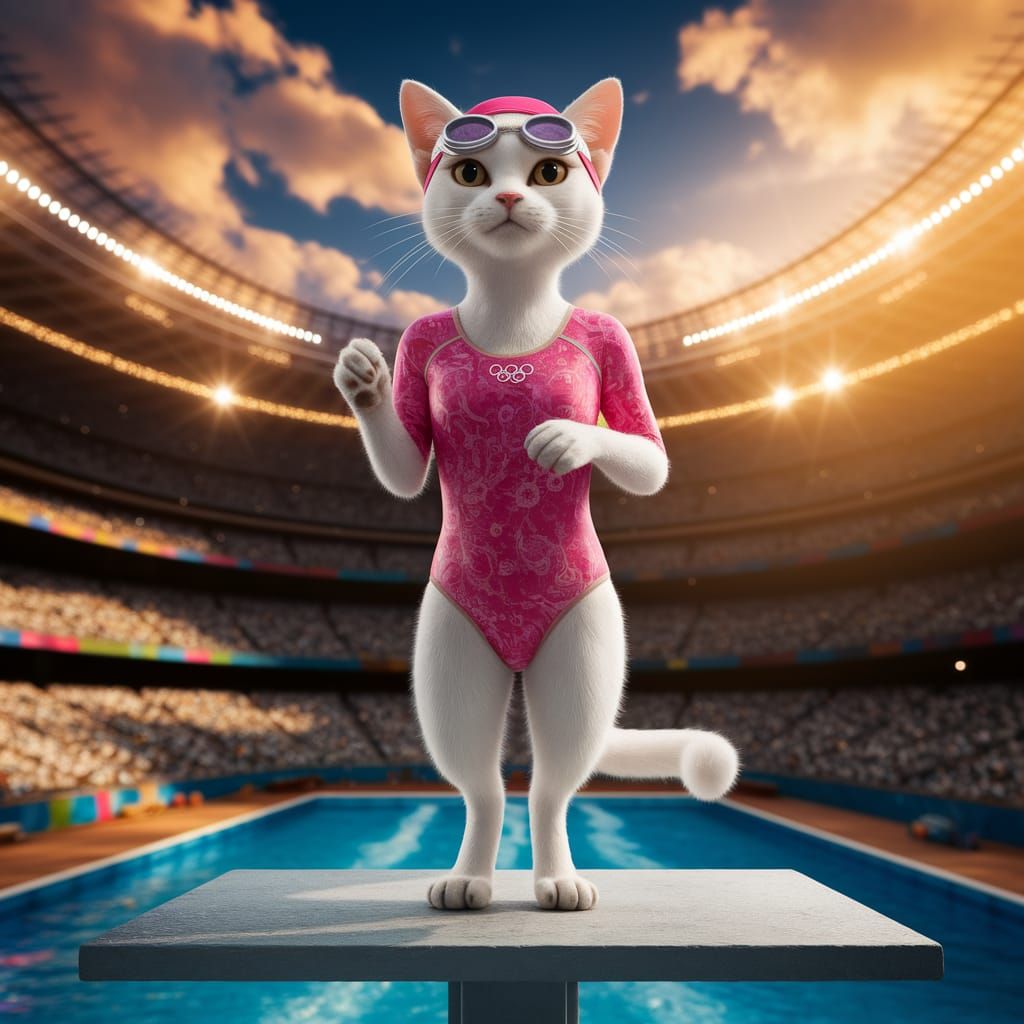 Cat Ready for Olympic Dive in Pink Lycra