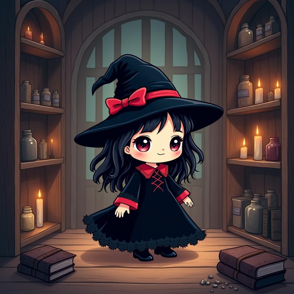 Chibi Witch in Cottage, Kawaii Style