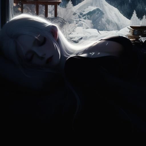 Dreamlike Demoness in Snowy Bedroom, Photorealistic