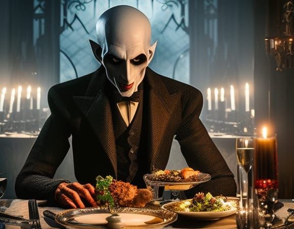 Sinister Count Orlok at Dinner, Hyperrealistic Comic Art