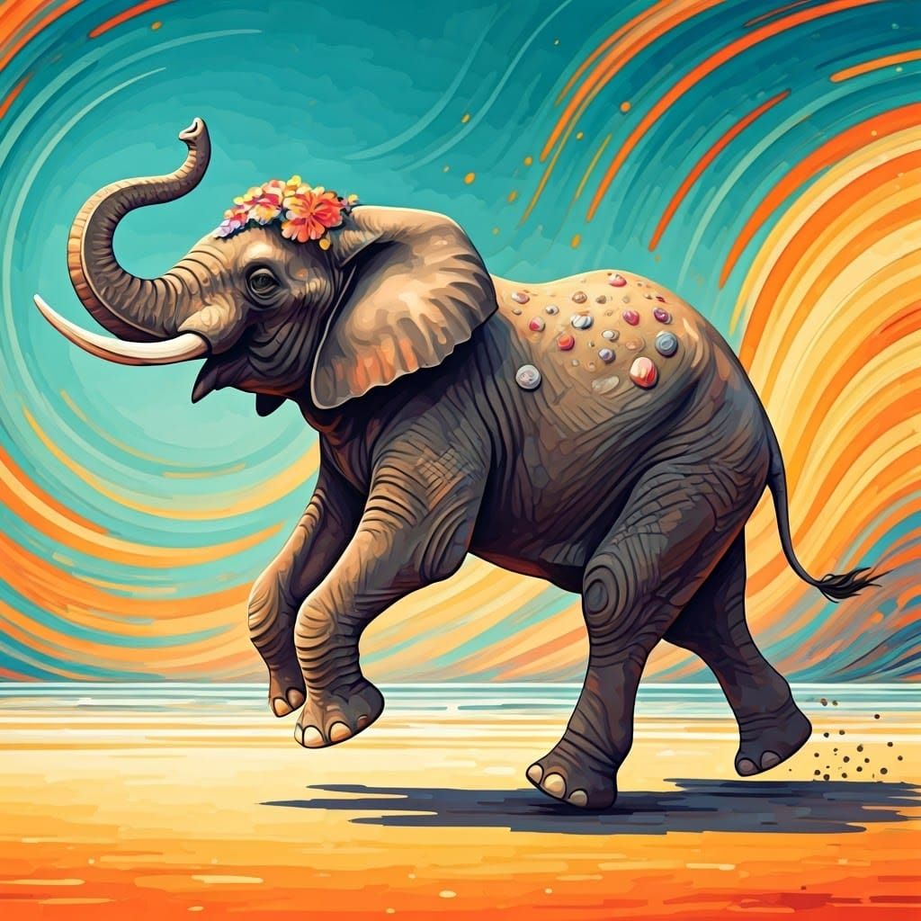 Joyful Elephant Leaps on Vibrant Beach in Fauvist Style