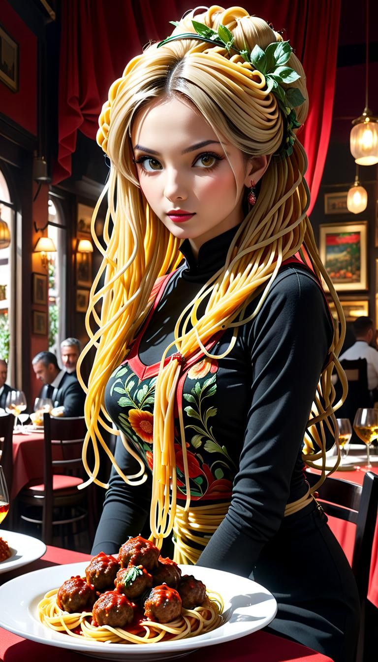 Spaghetti Woman in Italian Restaurant: Hypermaximalist CGI A...