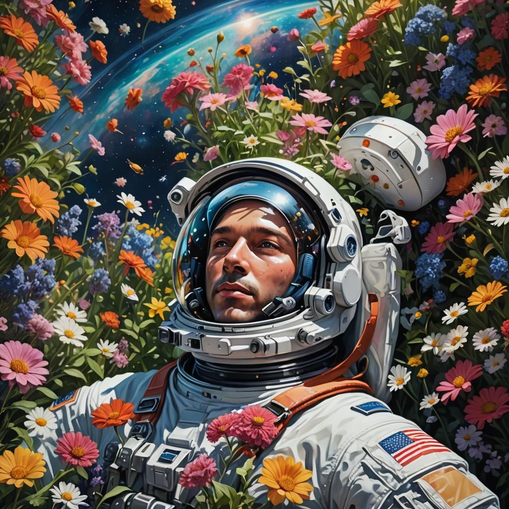 An astronaut lying in a garden of flowers. The universe is r...