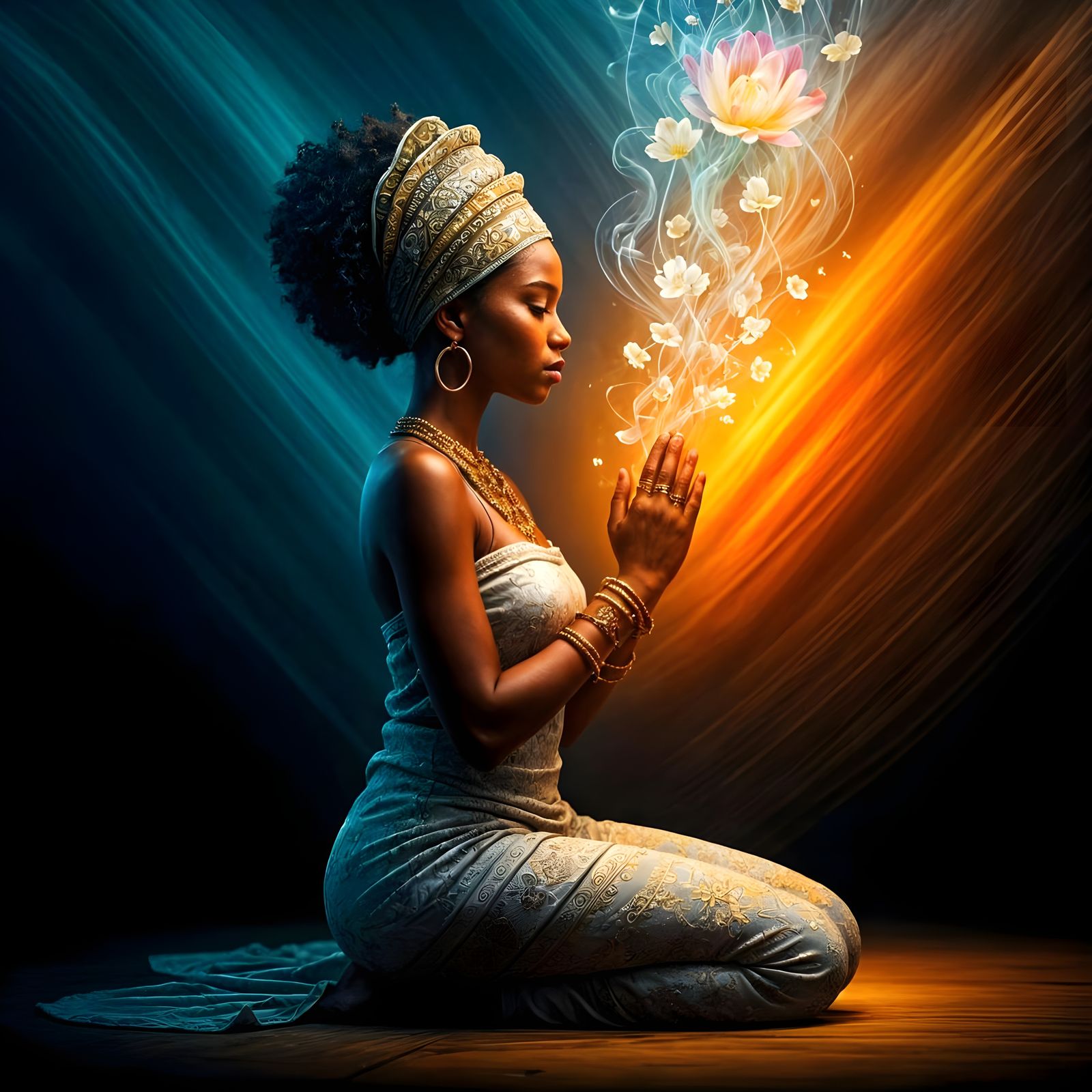 Black Woman in Prayer, Surrounded by Spiritual Forcefield an...