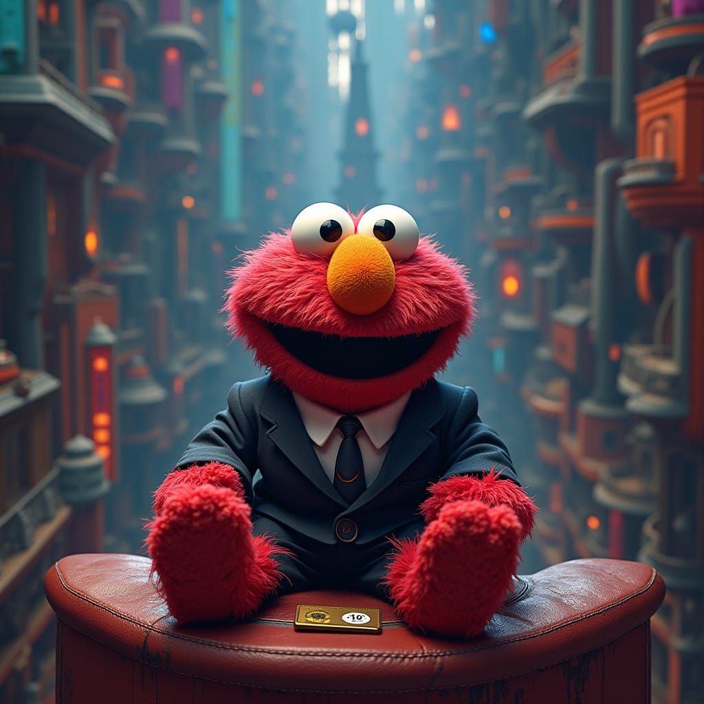 Whimsical Elmo in Futuristic Cityscape