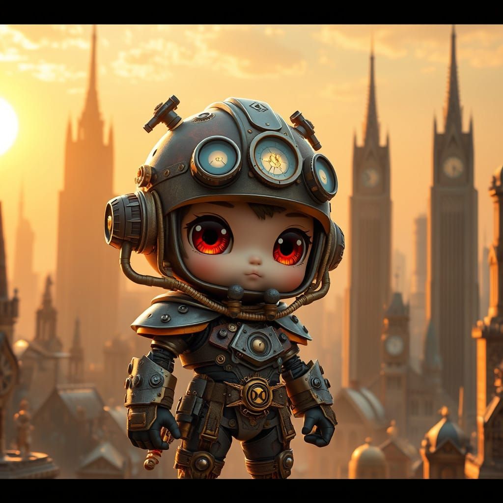 Chibi Steampunk Warrior in Futuristic Metropolis