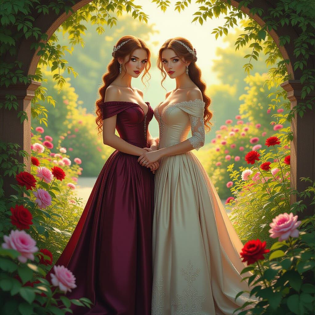 Elegant Women in a Lush Flower Garden