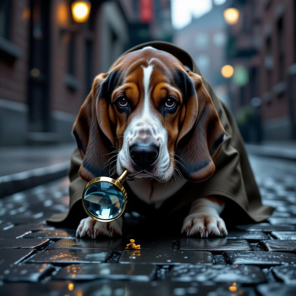 Basset Hound Noir Detective with Magnifying Glass