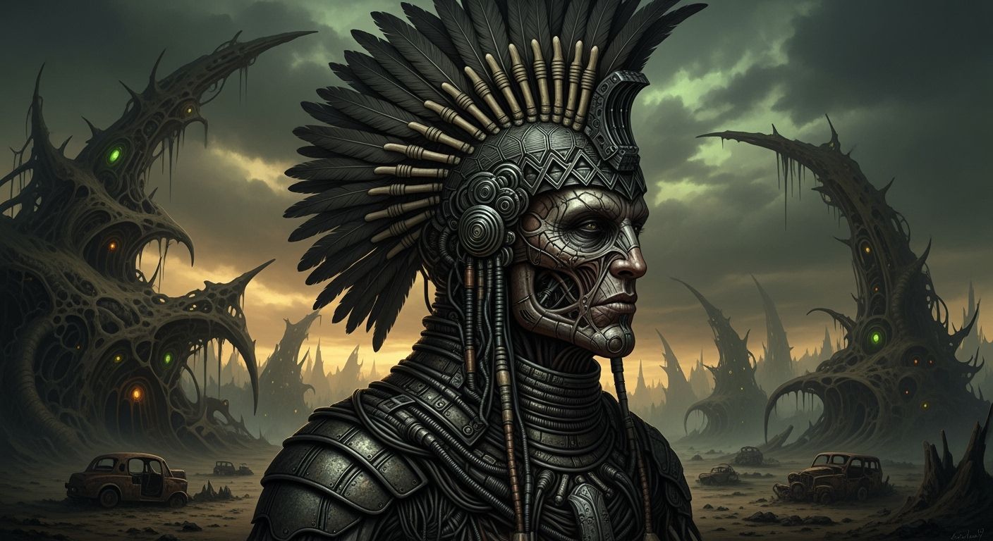 Biomechanical Figure with Feathered Mohawk in Dystopian Art ...