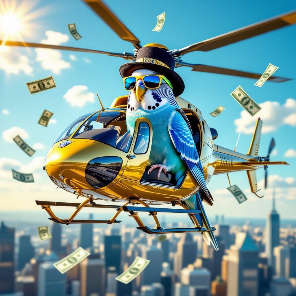 Budgie Piloting Helicopter Raining Money on City