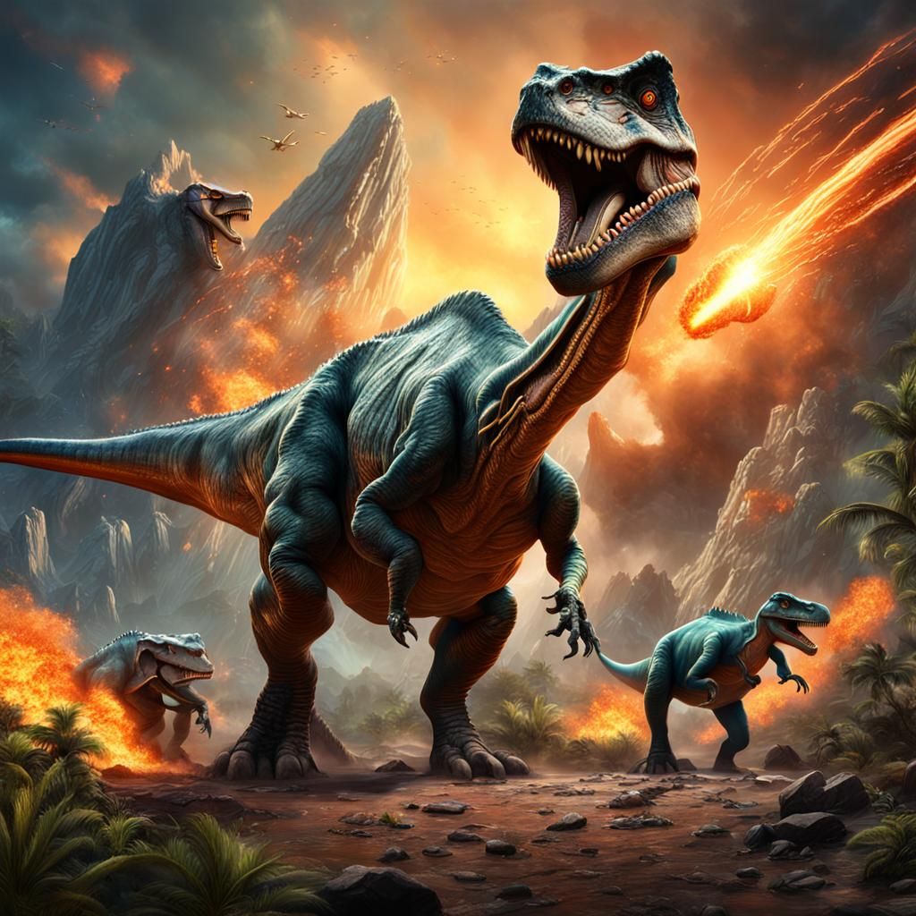 Dinosaurs Selfie Before Asteroid Impact: Detailed Matte Pain...