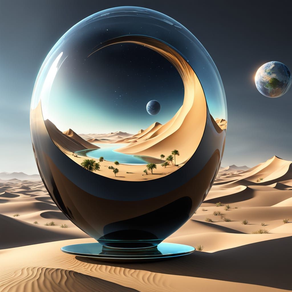 Ethereal Glass Monolith in a Desert Oasis