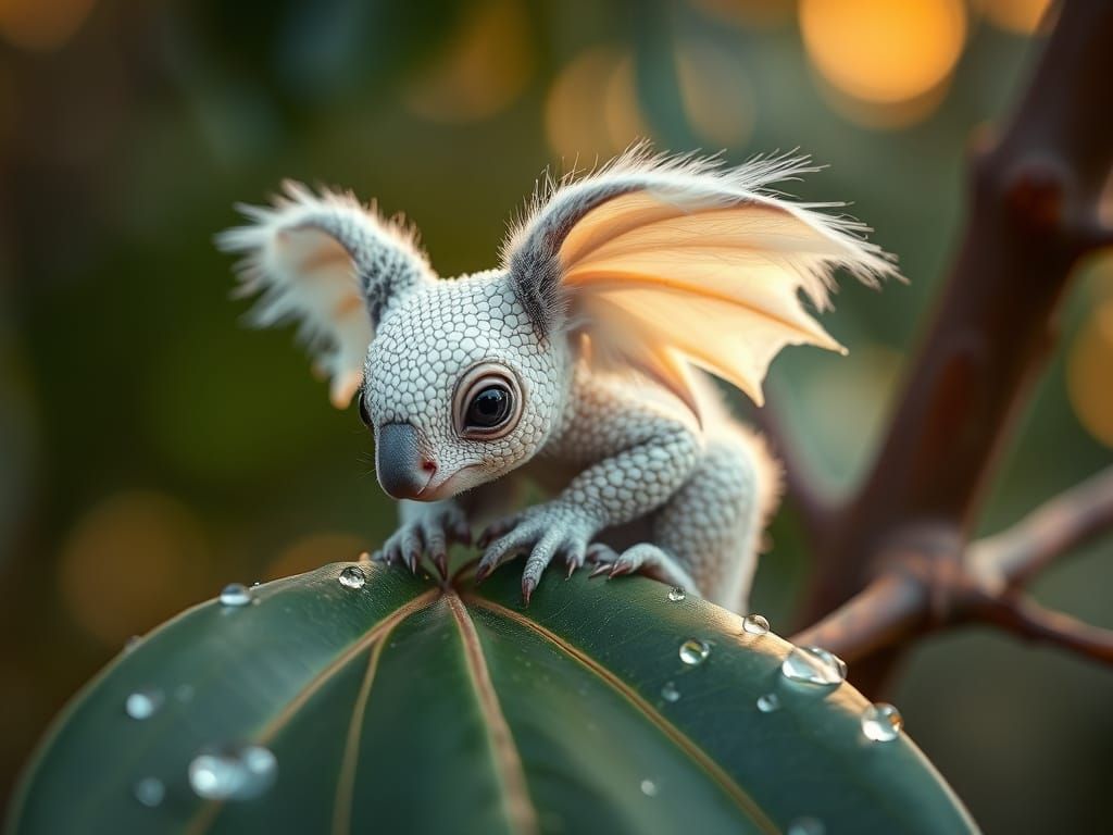 Tiny Ivory Dragon-Koala Sits on Eucalyptus Leaf in Golden Ho...