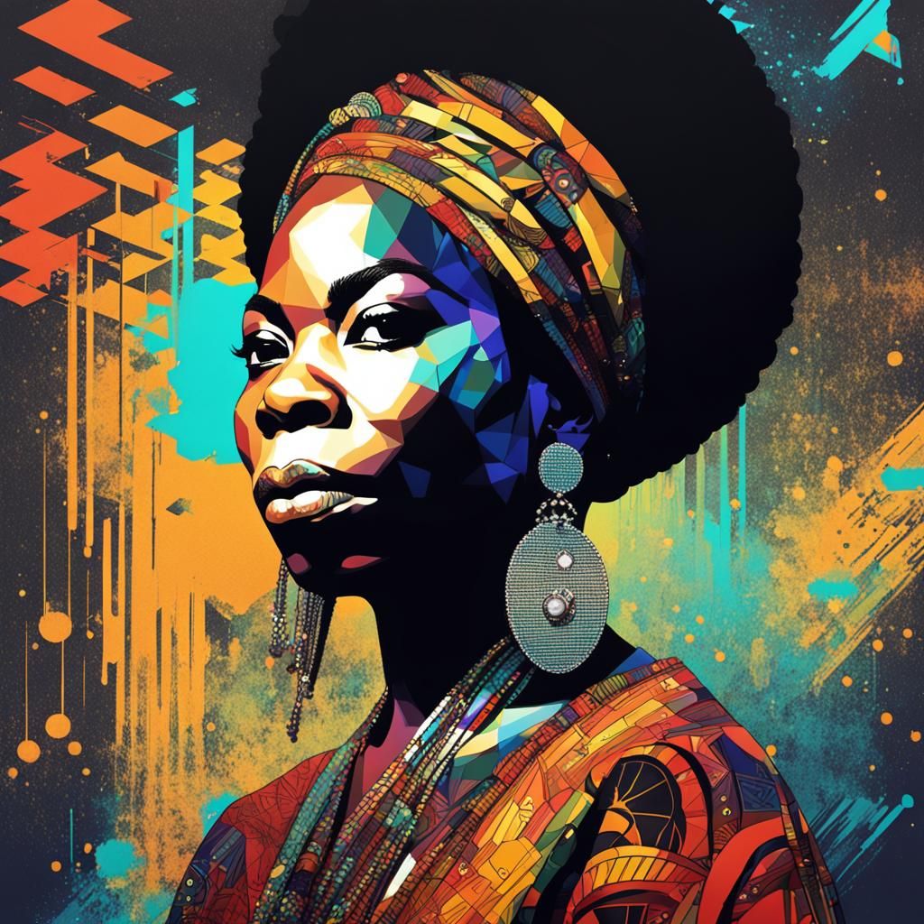 Nina Simone Portrait in Psychedelic Art Nouveau Style