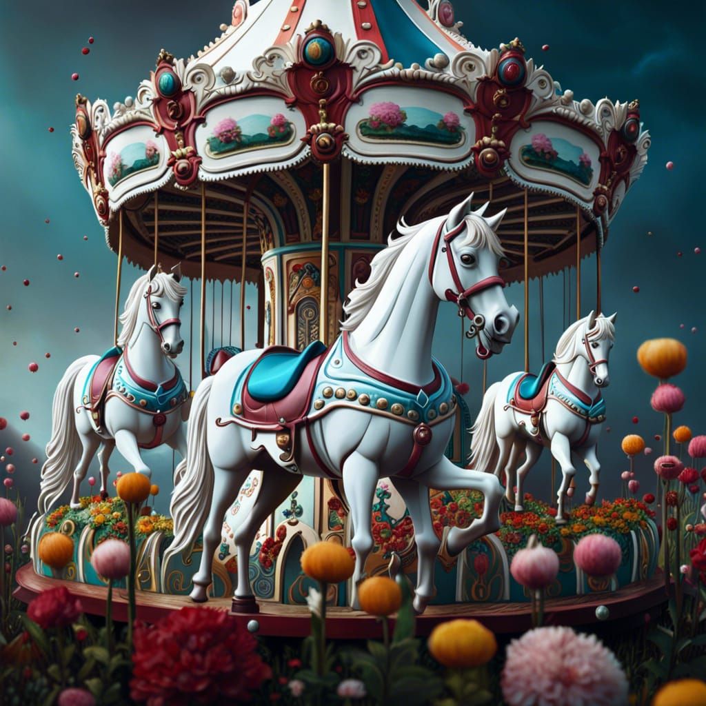 Hyperrealistic Carousel Horses Diorama in Dreamcore Style