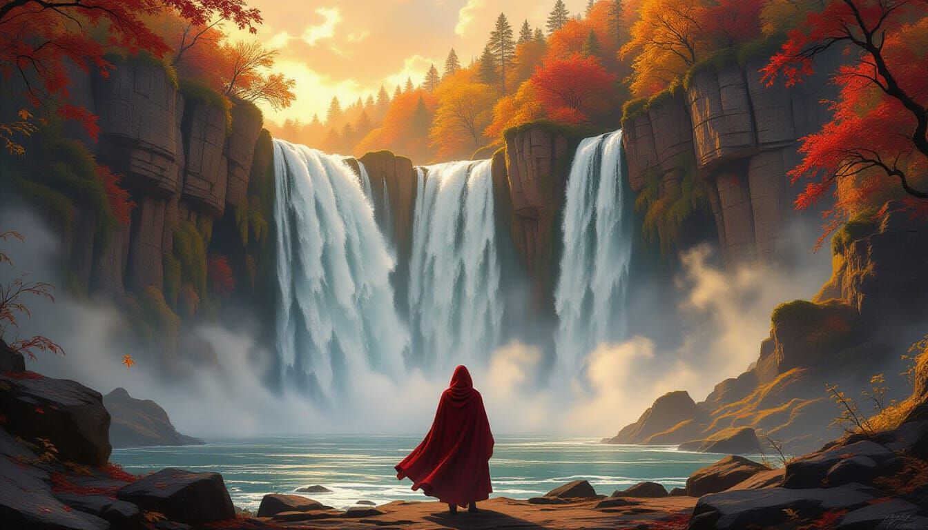 Fantasy Waterfall Landscape with Cloaked Figure
