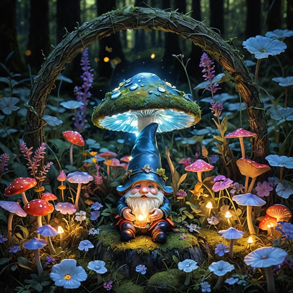 Garden Gnome in Forest Glade: Whimsical Digital Art