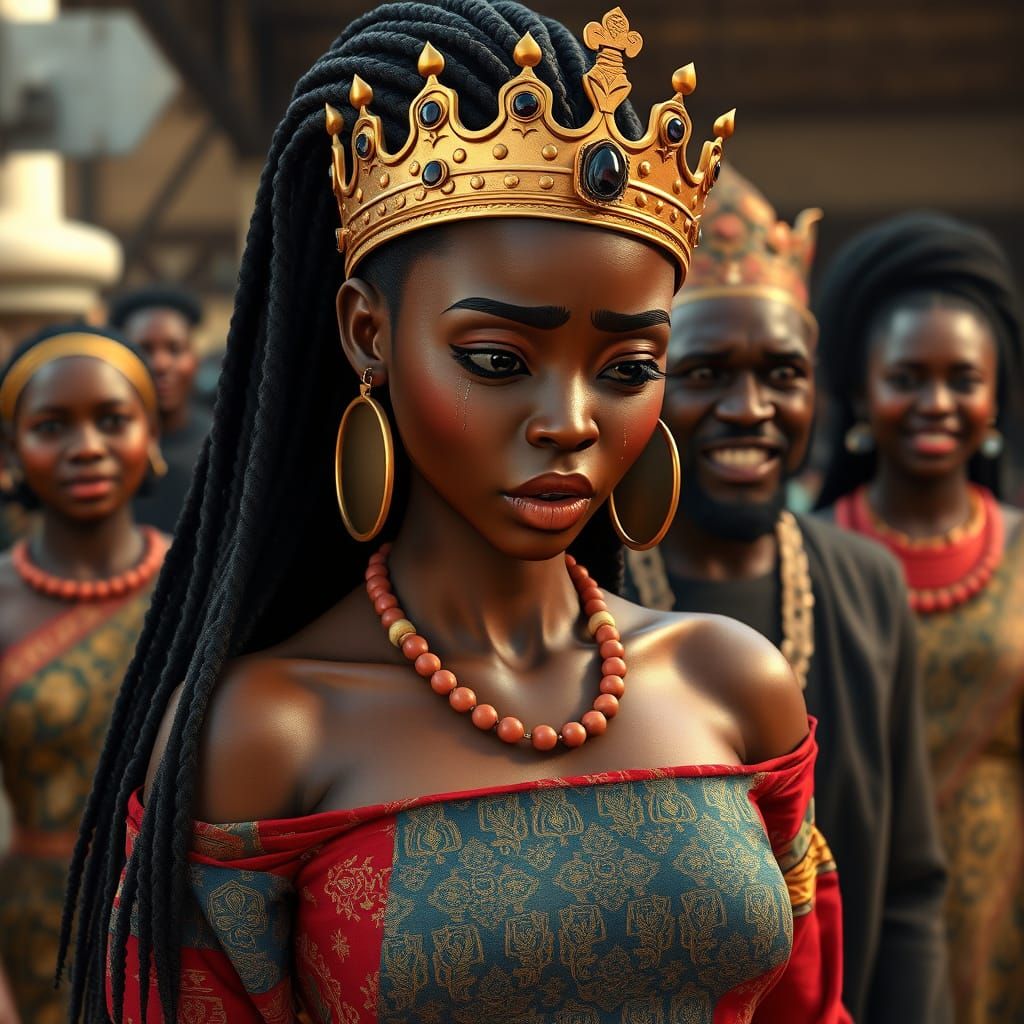 Sorrowful Nigerian Woman Amid Mocking Villagers