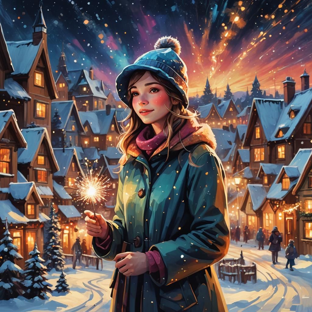 Girl with Sparkler in Christmas Village: Fantasy Art