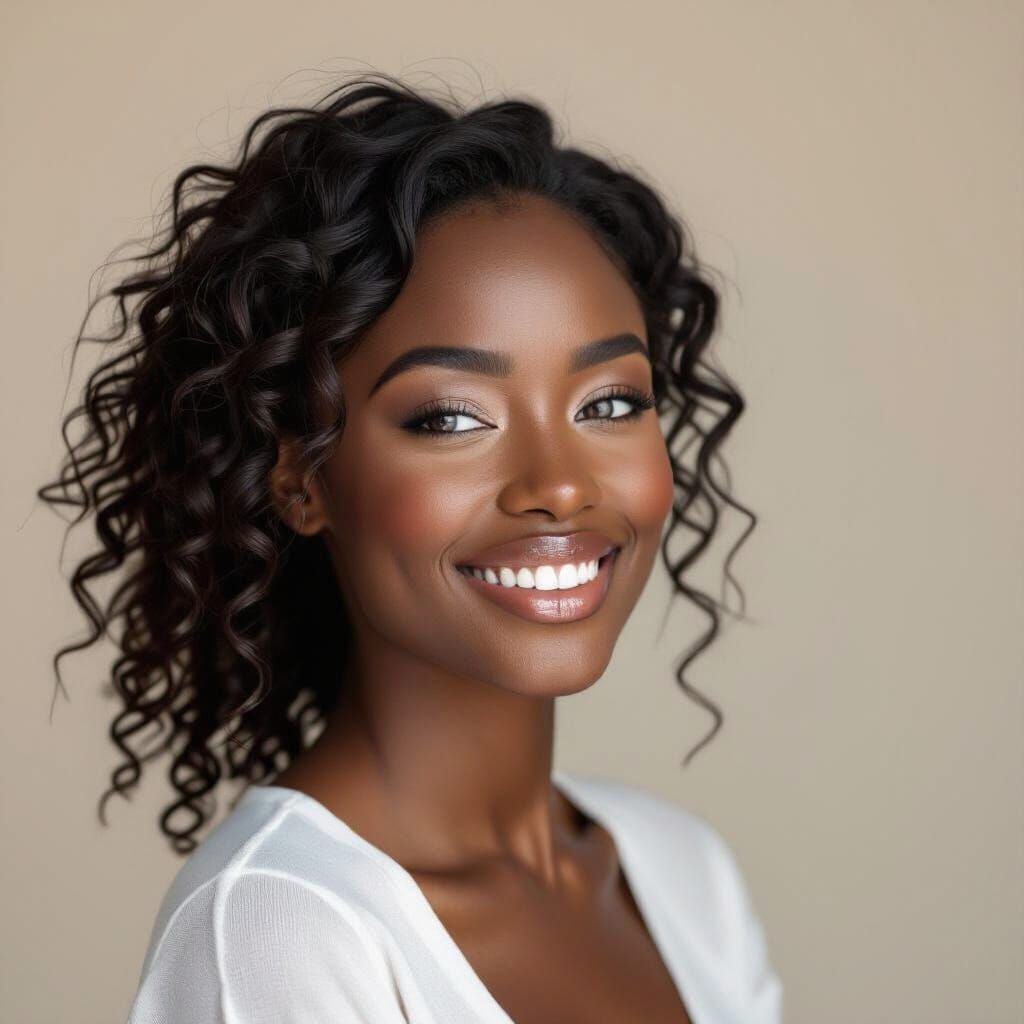 Smiling Dark-Skinned Woman with Curly Hair