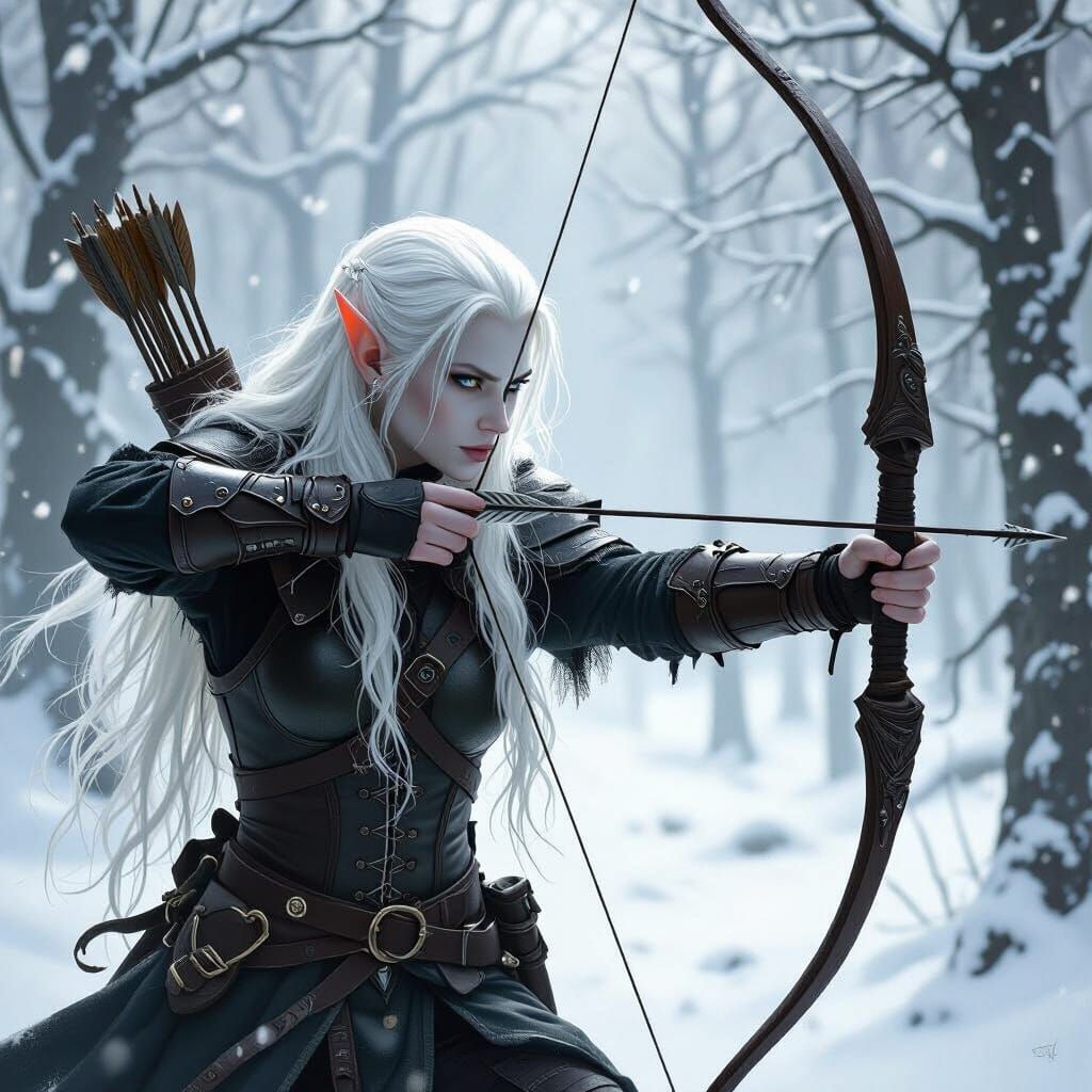 Albino Elf Huntress in Snowy Forest