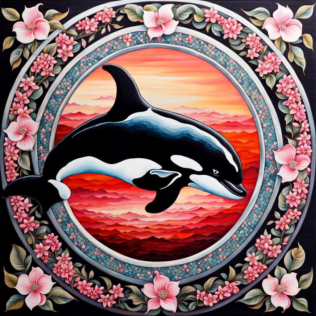 Cherry Blossom Orca in Gong Tank: Watercolor Mosaic