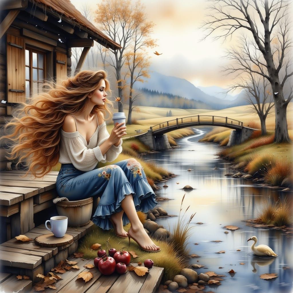 Dreamy Woman by River in Painterly Style