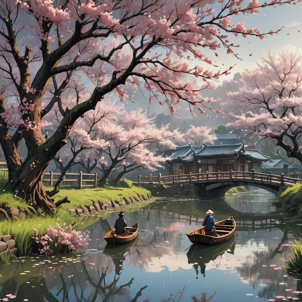 Blooming Peach Blossoms in Anime Style