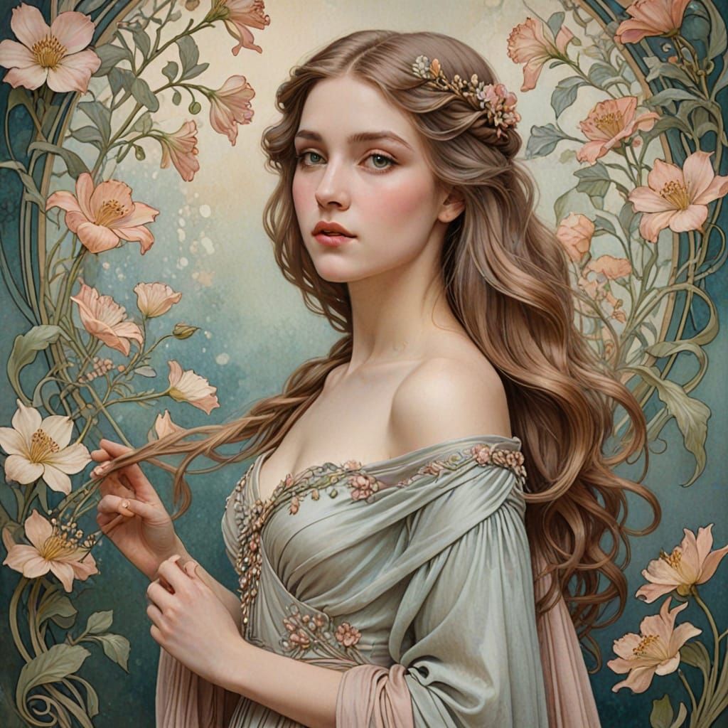 Art Nouveau Woman with Flowing Hair and Flowers