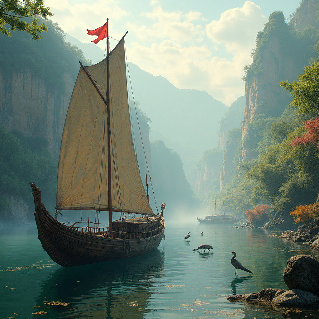 Ancient Chinese Junk in a Tranquil River Harbour with Exotic...