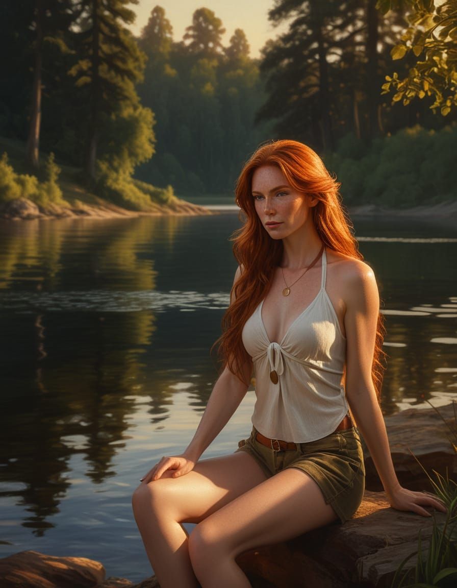 Elf Woman by Lake at Sunset, Oil on Canvas