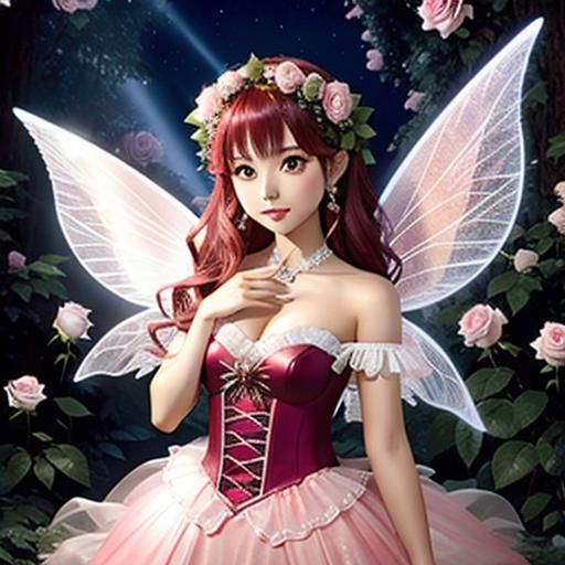 Enchanting Rose Fairy in Dreamy Garden Setting