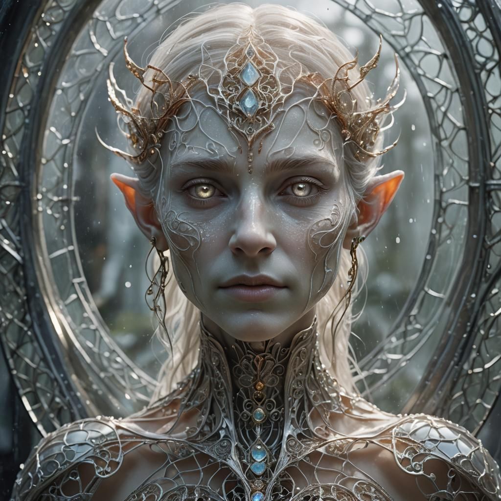 A biomechanical elf looks at his reflection in the window A ...