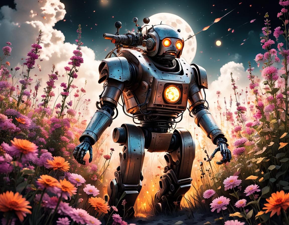 Dystopian Robot Flamethrower on Lunar Flower Field