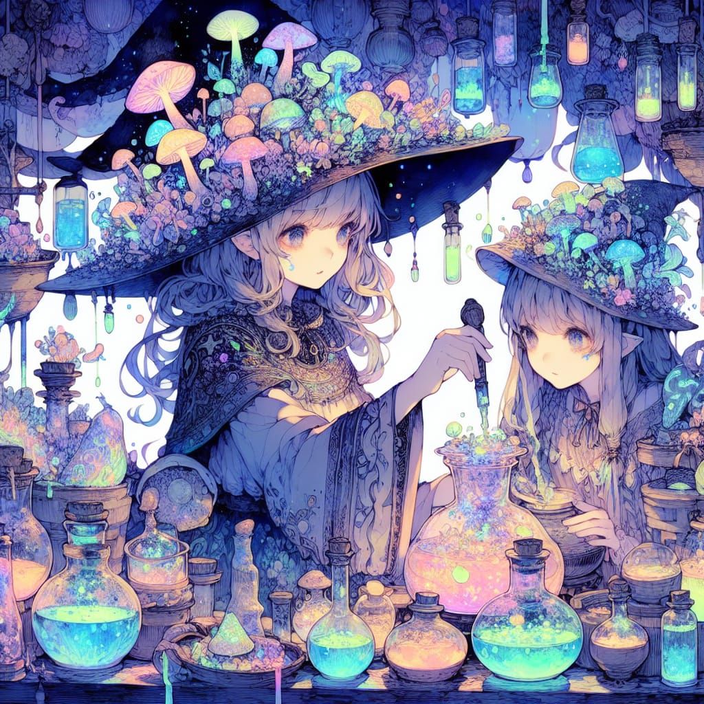 Mushroom Witch Brews Potions in Whimsical Apothecary