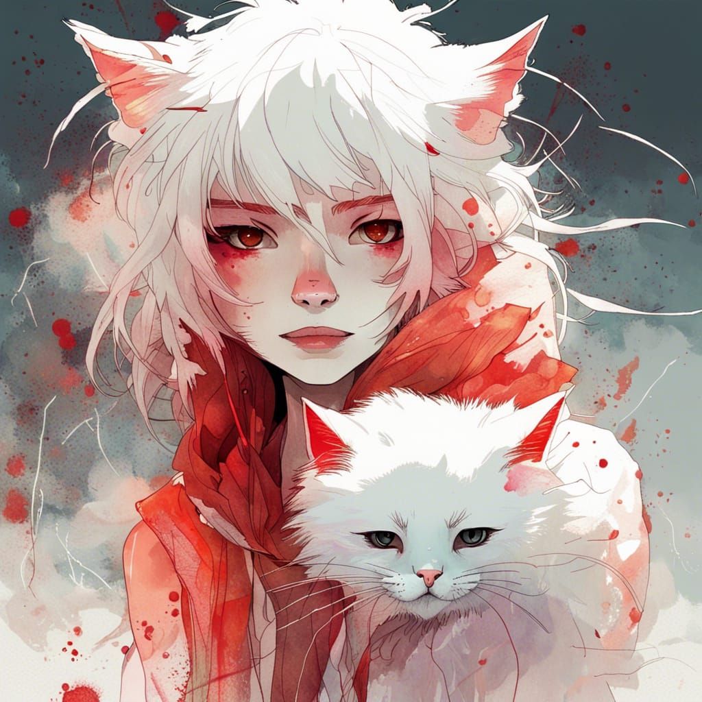 Cute Fluffy Cat in Red Mist: Anime Style