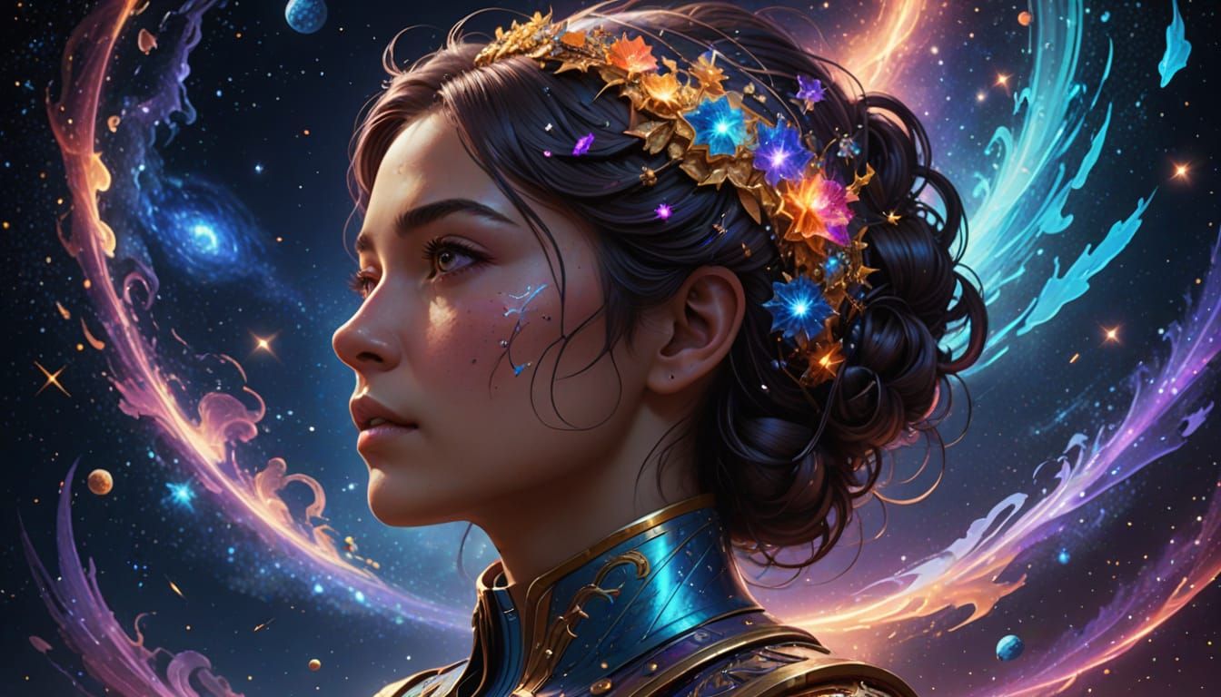 Celestial Being in Swirling Nebulae and Shimmering Stardust