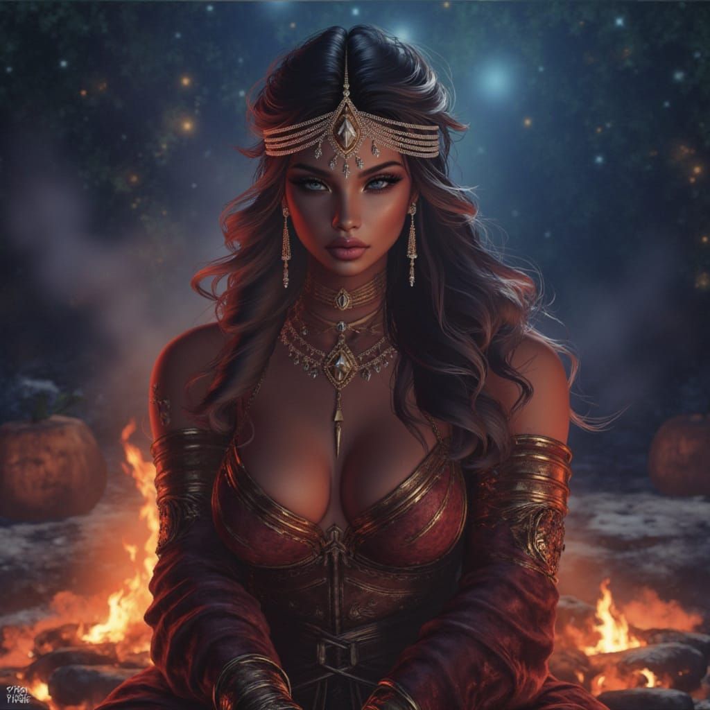 Barbarian Woman by Campfire with Swirling Galaxies