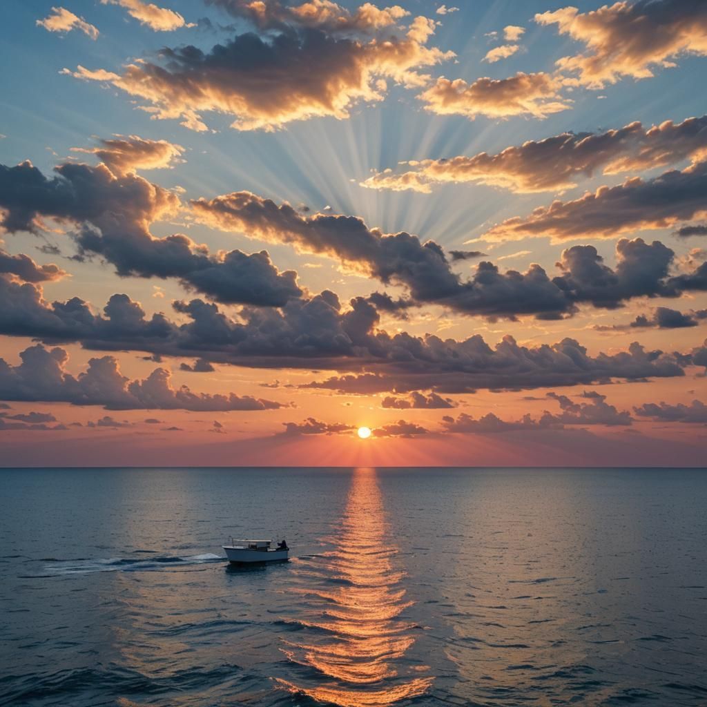 Vibrant Sunset Over Ocean with Boat: Hyperrealistic Photogra...