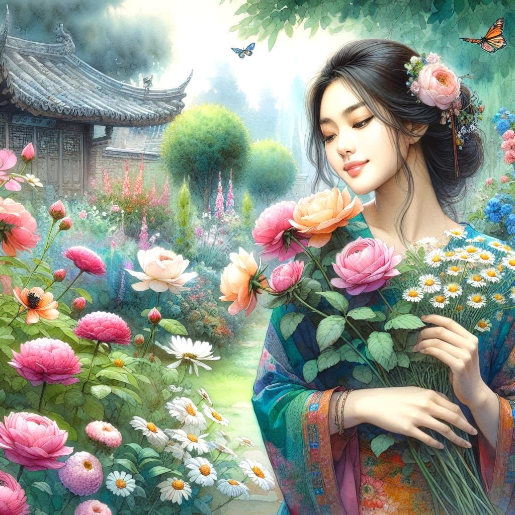 Romantic Garden Scene in Whimsical Watercolour